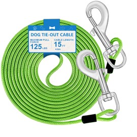 15ft Dog Tie Out Cable, Dog Leash Heavy Duty Tie Out Cable for Large Dogs Up to 125lbs Pull Force, Dogs Runner for Yard Outdoor and Camping, Heavy, Green