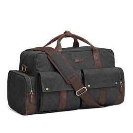 S-ZONE Duffle Bag for Travel Canvas Duffel Bag Carry on Leather Trim Overnight Weekender Bag for Men Women Black