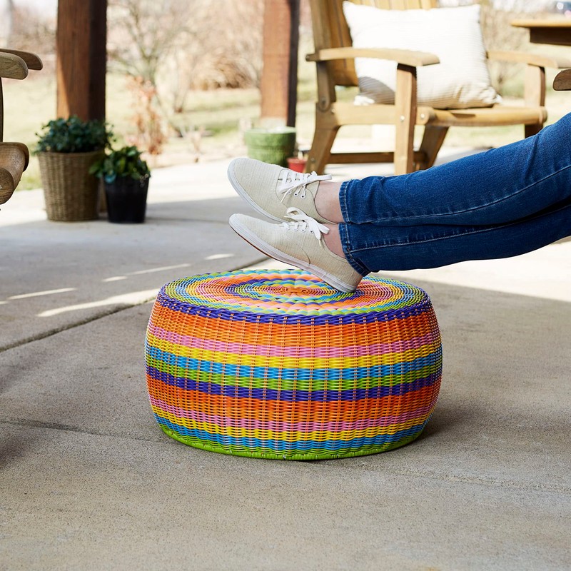 Household Essentials Handwoven Resin Storage Stool Ottoman, Multicolor