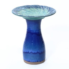 Maykoosh Rococo Radiance Glazed Spiral Ceramic 20-in Tall Birdbath, Blue Glaze Finish, 18.11 in. W X 22.83 in. H X 18.11 in. D, Artistic Design Outdoor Birdbath, Elegant Design Birdbath