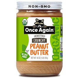 Once Again Organic Crunchy Peanut Butter No Sugar Added - Single Ingredient, Unsalted, Natural Peanut Butter No Palm Oil - Glass Jar, Non-GMO, Gluten Free - Chunky, Unsweetened - 1 Jar (16 oz)