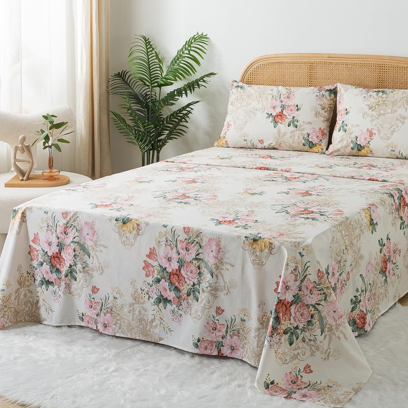Zusbest King Floral Bed Sheets, Soft 100% Cotton Pink &