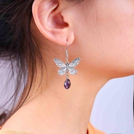 Cimenexe Bohemian Crystal Butterfly Dangle Earrings Silver Amethyst Butterfly Drop Earrings Tear CZ Rhinestone Earrings Metal Butterfly Hook Earrings Jewellery for Women and Women, Zinc, No Gemstone