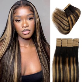 Yaki Straight Highlights Blonde Tape in Hair Extensions Human Hair, 18inch Ombre Black to Honey Blonde Yaki Straight Tape in Human Hair Extensions Invisible Glue in for Women