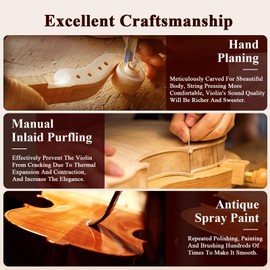 PHOENIX Violin 4/4 Full Size Set, Fiddle Solid Wood for professional Beginners Adults with Ironwood Octagonal Bow & Rosewood Bow Extra strings & Bridge, 2 Rosins, Tuner, Mute, Case(Solid Wood, 1/4)