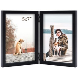 5x7 Double Picture Frame Wooden Hinged Photo Frame Definition Glass Stand Vertically on Desktop or Tabletop Black