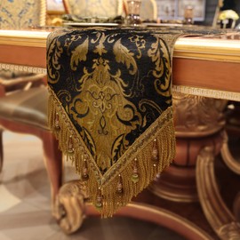 TOPLUXE Table Runner with Tassels, Jacquard Tablecloth for Dining Table, Holiday, Party, Living Room Decoration (33 x 274 cm, Black)