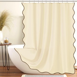 ORTIGIA Beige Shower Curtain with Brown Scalloped Edge 72 W x 84 H Inch Extra Long, Farmhouse Neutral Cream Aesthetic Boho Shower Curtain Waterproof Fabric Bath Bathroom Decor Metal Hook
