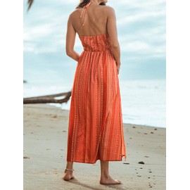 CUPSHE Women's Backless Beach Dress Halter Neck Ruffle Plunge V Neck Sleeveless Maxi Sundress Summer Dresses, Blush S