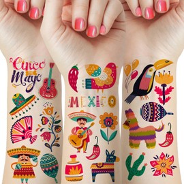 65 Pieces Cinco De Mayo Tattoos for Kids, Mexican Fiesta Temporary Tattoo Stickers, Taco Pinata Fiesta Party Decorations Favors for Adult Boys Girls, Goodie Bag Stuffers