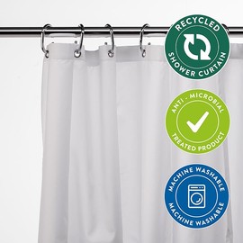 Croydex White Shower Curtain Made from 100% Recycled Poyester, with 12 Rust-Resistant Metal Eyelets, Weighted Hem, Anti-Microbial