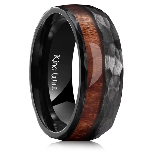 King Will 8mm Black Hammered Titanium Ring Inlaid Wood Hammered