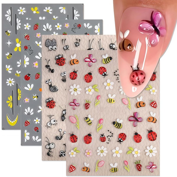Shimmerz 4 Blätter Biene Marienkäfer Ameise Nagelkunst Sticker 5D Relief