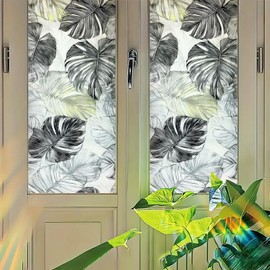 Starlit Patio Monstera Leaf Window Film Black and White Botanical Privacy Decal Static Cling No Glue Frosted Glass Sticker for Kitchen Bathroom Office Door Panel 17.7x39.3 inch