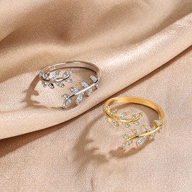 TOFBS 2 Piece 925 Sterling Silver Rings Set for Women Girls Adjustable Open Rings Olive Leaf Rings Stackable Finger Rings Ankle Rings Toe Rings, Silver, No Gemstone