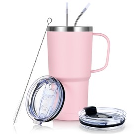 Livole Tumbler with Straw Included, Handle, Stainless Steel, Wide Mouth, Vacuum Insulated, Cold Insulation, Heat Retention, 20.3 fl oz (600 ml), Large Capacity, Includes Lid, Double Wall Vacuum,