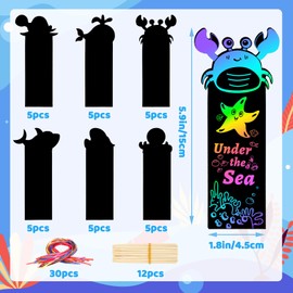 JUNEBRUSHS 30Pcs Ocean Crafts, Rainbow Magic Ocean Animals Scratch Bookmarks Under The Sea Party Favors Games for Activities Summer Arts and Crafts