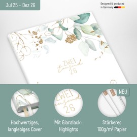 Häfft® Chäff-Timer Classic Calendar 2025/2026 A5 "Gold Leaf" Book Calendar, Appointment Calendar, Weekly Planner for 18 Months: July 2025 to Dec. 2026 - Sustainable and Climate Friendly