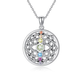 JERWLI Chakra Necklace 925 Sterling Silver Crystal Lotus Flower Yoga Pendant Necklace Spiritual Lotus Jewellery Gifts for Women Mother Wife Girlfriend, Sterling Silver