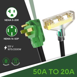 RVGUARD 50 Amp to 110V Adapter Cord, NEMA 14-50P to 3X 5-20R Household Outlet with LED Power Indicator