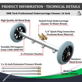 Pressure Washer Undercarriage Cleaner, 16 Inch, Professional-Grade, Power Wash Water Broom, Heavy Duty Sprayer for Under Car Clean, 1500-4000 PSI, Mud Salt Grime Dirt Cleaning, 3 Wands Attachment