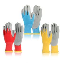 3 Pairs of Work Gloves with Natural Latex Layer and Stretchy Fabric, Protective Gloves with Palm Layer, Rubber Coated Work Gloves, 3 Colours, Suitable for 3-5 Years, 17 cm