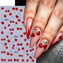 Cherry Nail Stickers Fruit Nail Decals 5D Embossed Fruit Design Sticker 3PCS Self-Adhesive Summer Nail Art Supplies Nail Manicure Accessories Slider Cherry Stickers for Women Nail Art Decorations
