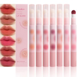 MooGlamor 6 Pcs Red Matte Lip Gloss Stick Set with Delicate Unique Sponge Lip Brush and Smooth Velvet Lipsticks for Women Lip and Blush