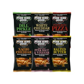 Pork King Good Piglet Variety 6 Pack of Flavored Pork Rinds - Keto, Gluten Free Snacks with Zero Carbs per Serving - White Cheddar, Pepperoni Pizza, Himalayan Salt & Vinegar, Dill Pickle, Salted Butter, and Nacho Cheddar Chicharrones