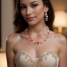 Clearine Bling Rhinestone Oval Teardrop Cluster Statement Necklace Dangle Earrings Jewellery Set for Women Girls Costume Party Prom Fuchsia/Champagne Gold Tone, Crystal