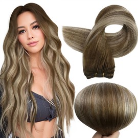 Full Shine Sew In Hair Extensions Real Human Hair Weft Human Hair Extensions Remy Hair Color Light Brown To Platinum Blonde Mix Brown Extensions Double Weft Extensions 100G 14 Inch