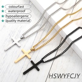 HSWYFCJY Cross Chain Men's Silver/Gold/Black Stainless Steel Cross Chain Long 50/55/60 cm Flat Snake Chain Layered Cuban Necklace with Cross Birthday Christmas Knot Gifts for Men, Stainless Steel