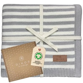 DIKOS® Baby Blanket *100%* GOTS Organic Cotton Grey/Cream | All-Year First Blanket Knitted Blanket Cuddly Blanket Pram Blanket | Newborn Gift Boy Girl for Birth | Baby First Equipment