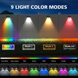 APONUO Solar Fence Lights Outdoor Waterproof, Fence Lights Solar Powered, 9 RGB Color Modes&Warm White&Cool White, Fence Solar Light Outdoor for Backyard, Patio, Wall, Yard,Deck（Black, 6 Pack）