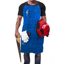 DIMWELD Leather Welding Apron for Men Flame Retardant Thermal Workshop Welding Apron Adjustable Protective Clothing with 6 Tool Pockets, blue