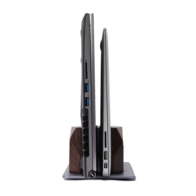 NIRVASH Walnut Wood Vertical Laptop Stand, Dual Slot Wooden Laptop