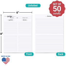 321Done Folding Recipe Cards White - Made in USA (Set of 50) X-Large - Folds to 4x6 from 8x6, Minimalist Rustic Boho Retro Vintage Luxury Thick Cardstock Jumbo Folded Double-Sided