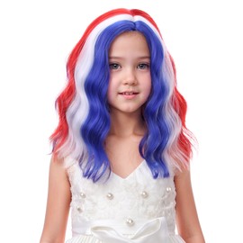 Edivd Mixed Red White and Blue Wig for Kids Girls Colorful Side Part Wig Children Rainbow Wavy Curly Wig Heat Resistant Synthetic Wig with Wig Cap