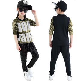 LOLANTA Kids Dance Costume Boys Girls Sequins Hip Hop Clothes 80s 90s Outfits Shiny Dress Up Dancewear(Dark Gold,10-12)