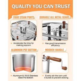 Cook N Home Stovetop Popcorn Popper with Crank, 6 Quart Stainless Steel Popcorn Pot, Silver