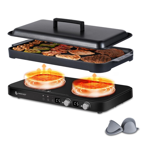 AMZCHEF Double Induction Cooktop with Removable Griddle Pan Non-stick, 1800W