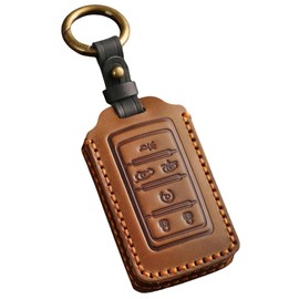 Hontumax Vintage Leather Key Fob Cover Case with Keychain for Jeep Grand Cherokee Wagoneer 2021-2025, 6-Button Remote Key Protector (Brown)