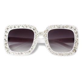 ailov Sparkly Rhinestone Retro Sunglasses for Men Women Elton Accessories Big Square Disco Glasses (White Frame/Clear Crystal)