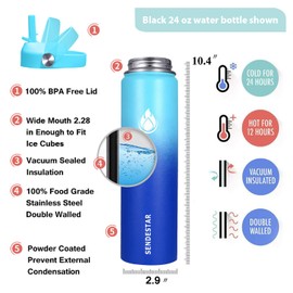 SENDESTAR Stainless Steel Wide Mouth Water Bottle 24oz Double Wall Vacuum Insulated Leak Proof Bottle with New Flex Straw Lid & Spout Lid XIN-MC-0750-1