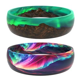 Zollen Silicone Wedding Rings for Women 2 Packs ，Breathable Printed Design with Leaves，Unique Design, Comfort Fit Ring,Size 09