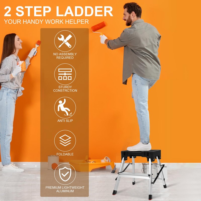 Mesjaedr Two Step Ladder, Folding Aluminum Step Stool with Wide