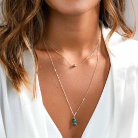 Enautoabs Boho Layered Turquoise Pendant Necklace Gold Bead Floating Necklace Turquose Stone Necklace Blue Turquoise Chain Necklace Jewelry for Women