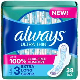 Always Ultra Thin Feminine Pads with Wings for Women, Size 3, Extra Long Super Absorbency, Unscented, 38 Count