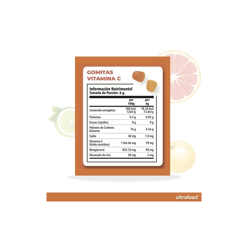 Gomitas Vitamina Betaglucano Gluconato Zinc Suplementos 100 Naturales Sabor Cítricos