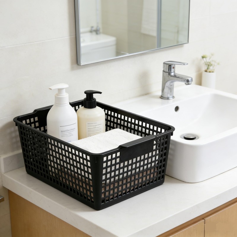 Waikhomes Plastic Storage Baskets for Organizing, Pack of 4 (Black)